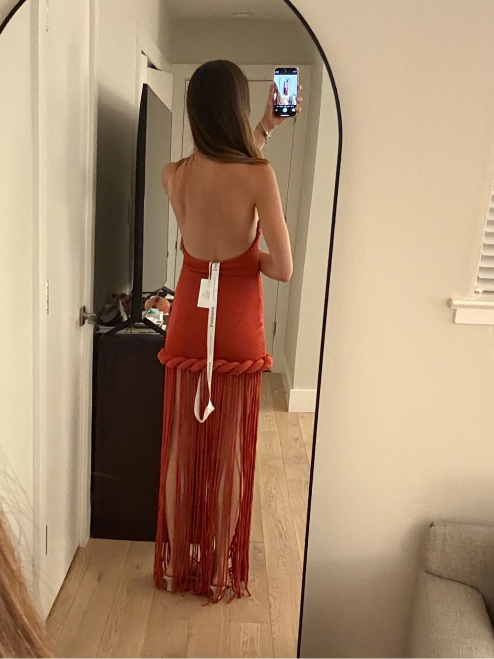 High-Neck Orange Maxi Dress with Braided Fringe - Picture 4 of 4
